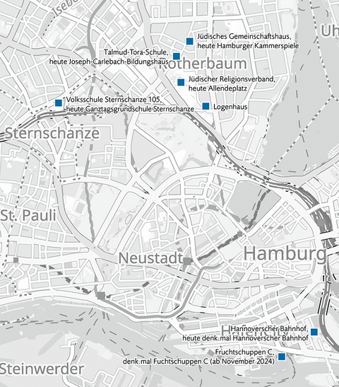 Hamburg-Karte mit 6 blauen Punkten
