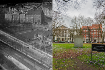 links ein historisches Foto in schwarz-weiß mit Gebäuden und Straßen, links ein Park mit einem Mahnmal, Häuser im Hintergrund