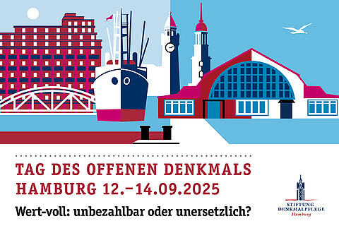 Logo zum Tag des offenen Denkmals 2025 mit  einer Silhouette der Stadt in wei0ß, rot und blau und dem Text: Tag des offenen Denkmals Hamburg 12.-14.09.2025